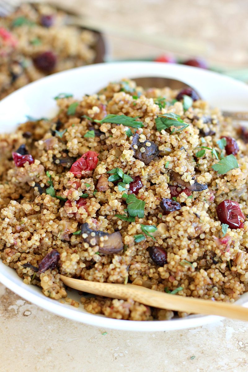 Thanksgiving quinoa side dish seasoned with sage, rosemary and thyme