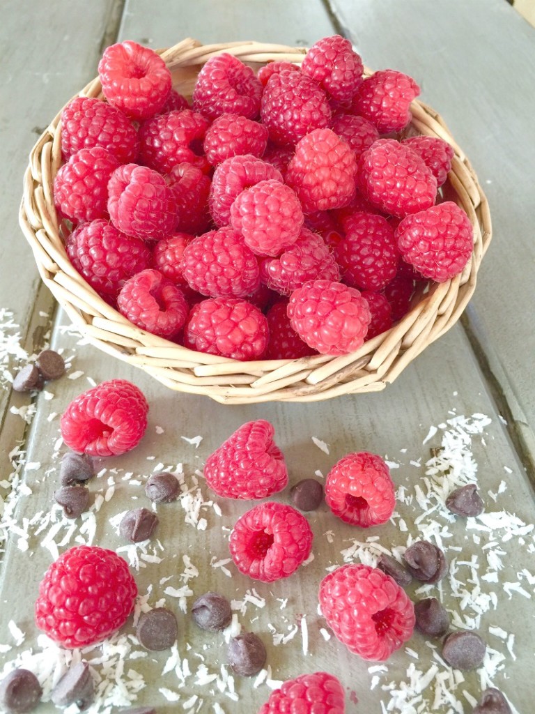 Basket of raspberries, chocolate chips and coconut