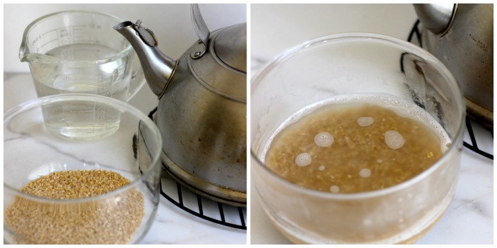 image of bulgur wheat in clear bowl with tea kettle and boiling water to soak bulgur in