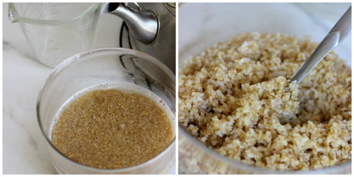 bowl of bulgur soaking in water and completed soaked bulgur