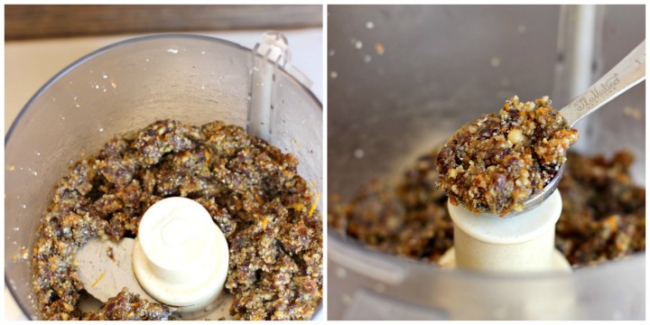 A 2 image collage. On left date ball mixture processed and on right a tablespoon scoop of the date mixture.