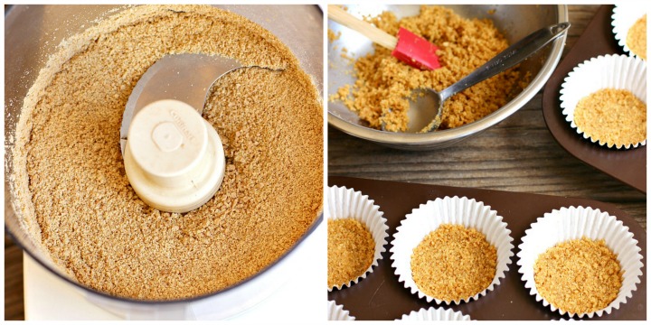 Collage with image of graham cracker crumbs in a food processor and image of a bowl of graham cracker crust and crust pressed into muffin papers.