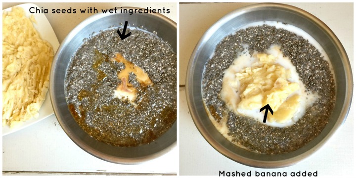 2 images - one is a bowl of chia seeds with liquids added and the other is a bowl with mashed bananas added