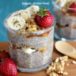 Pinterest graphic of a glass jar of chia pudding topped with bananas, walnuts and strawberries