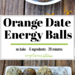 2 photo pinterest graphic top white bowl with date balls bottom white plate with 4 varieties of topping for date balls, hemp hearts, plain, walnut and coconut