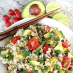 Pinterest graphic of quinoa salad with tomatoes, corn, avocado and green onions in a white bowl with chopsticks