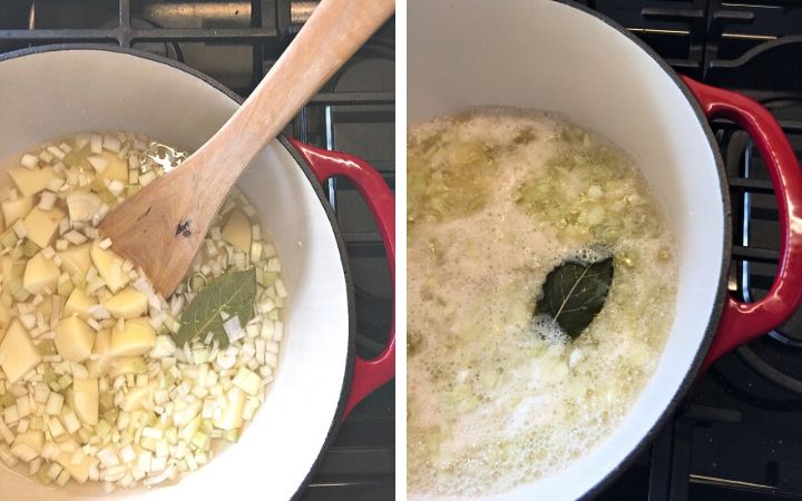 2 pic collage with potatoes, onions, celery and bay leaf