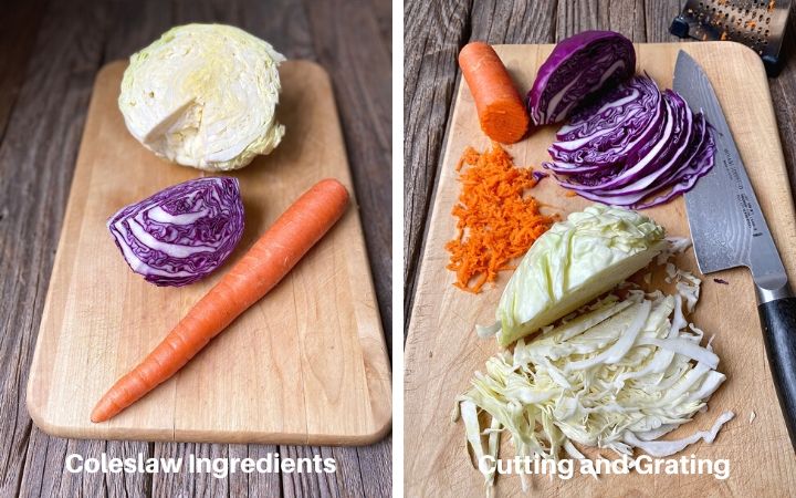 2 picture photo collage one of healthy coleslaw ingredients cabbage and carrot on a cutting board second pic of cutting and grating coleslaw vegetable on cutting board