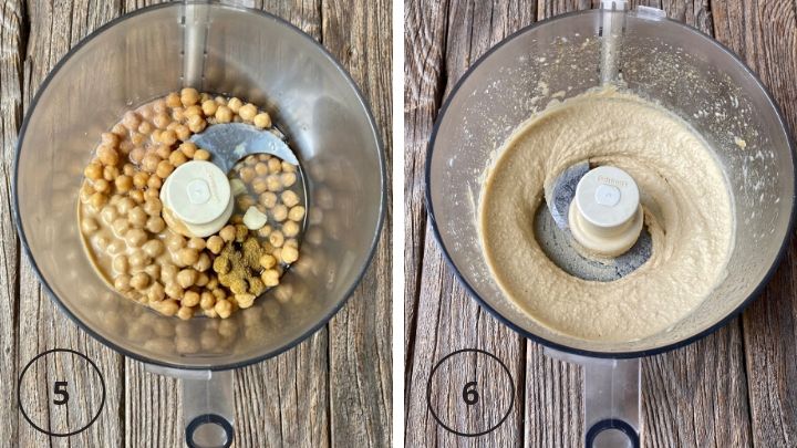 2 pic collage oil-free hummus ingredients in food processor